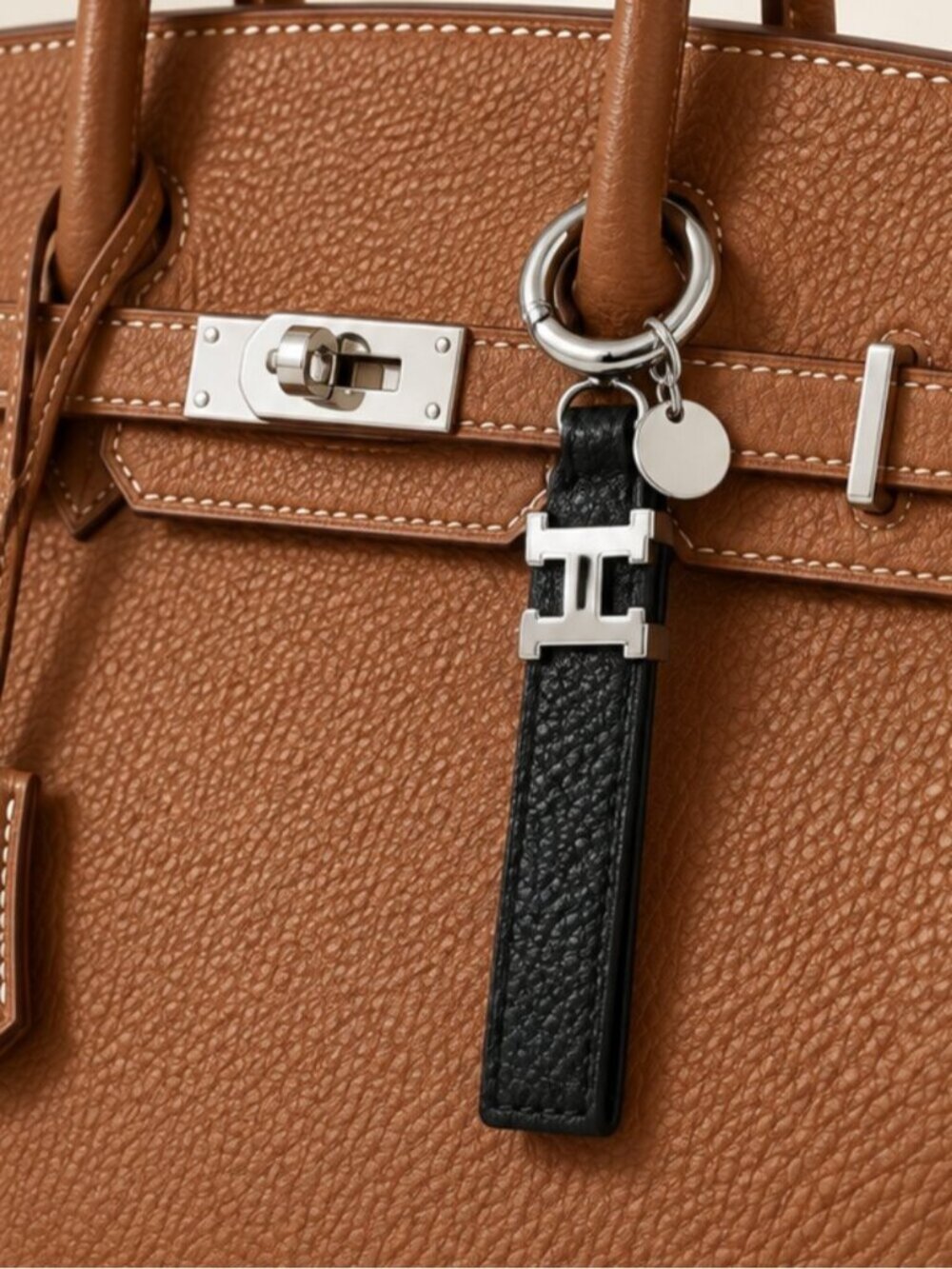 Black Leather H Initial Keychain Bag Charm 0840